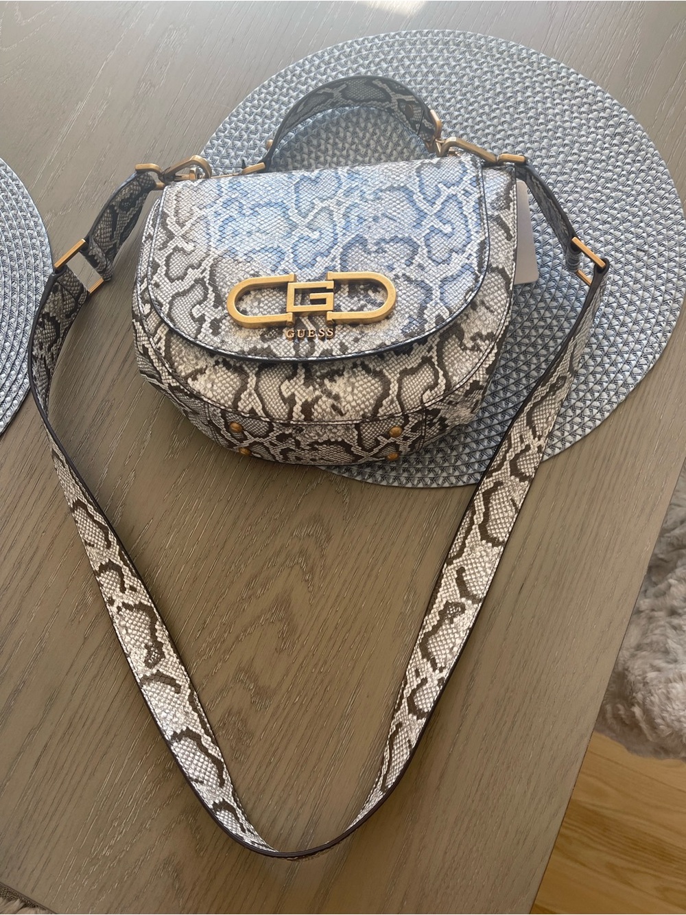 GUESS Snake-Print Crossbody Bag in Gray and Black with Gold Hardware